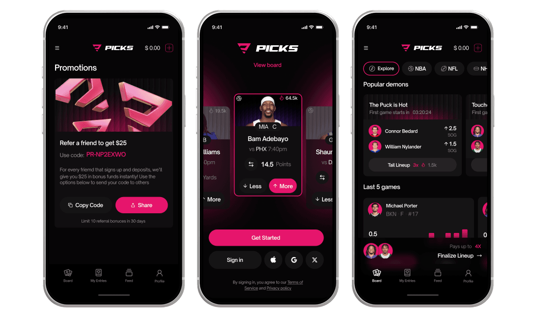 Pantallas de la app PICKS con Promociones, Tablero de Jugadores y Picks Populares