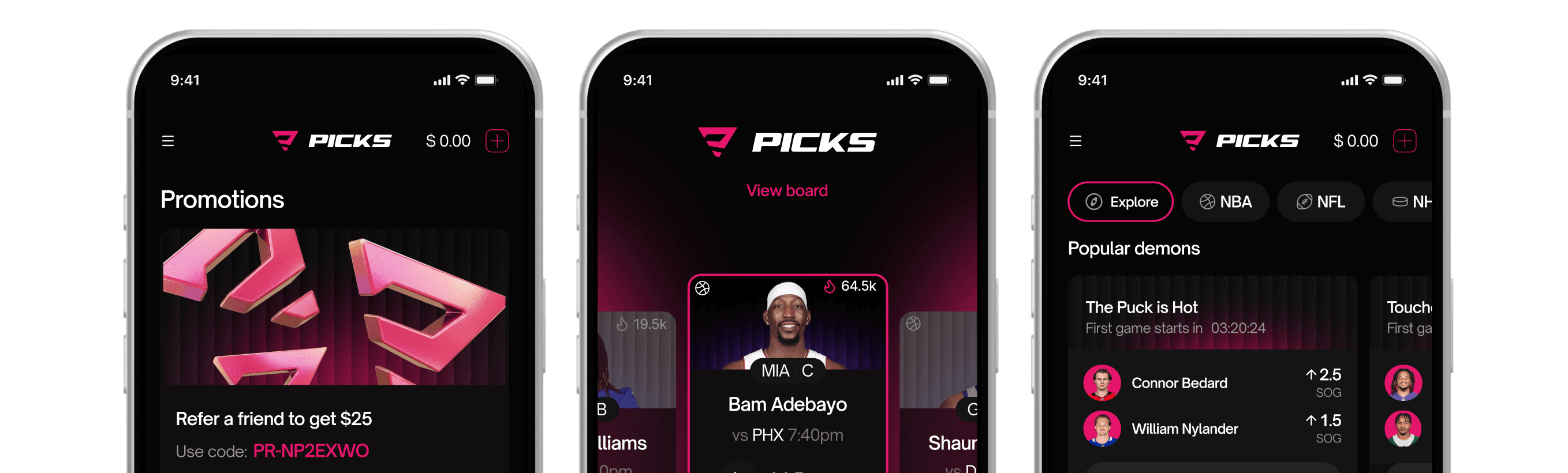 Pantallas de la app PICKS con Promociones, Tablero de Jugadores y Picks Populares