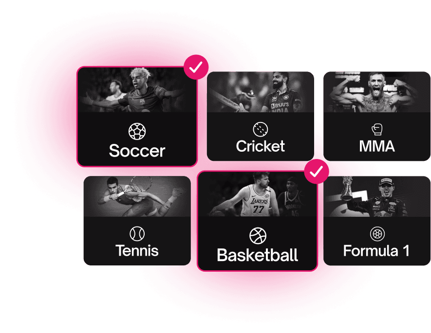 Selector de deportes con Fútbol, Cricket, MMA, Tenis, Básquetbol y Fórmula 1